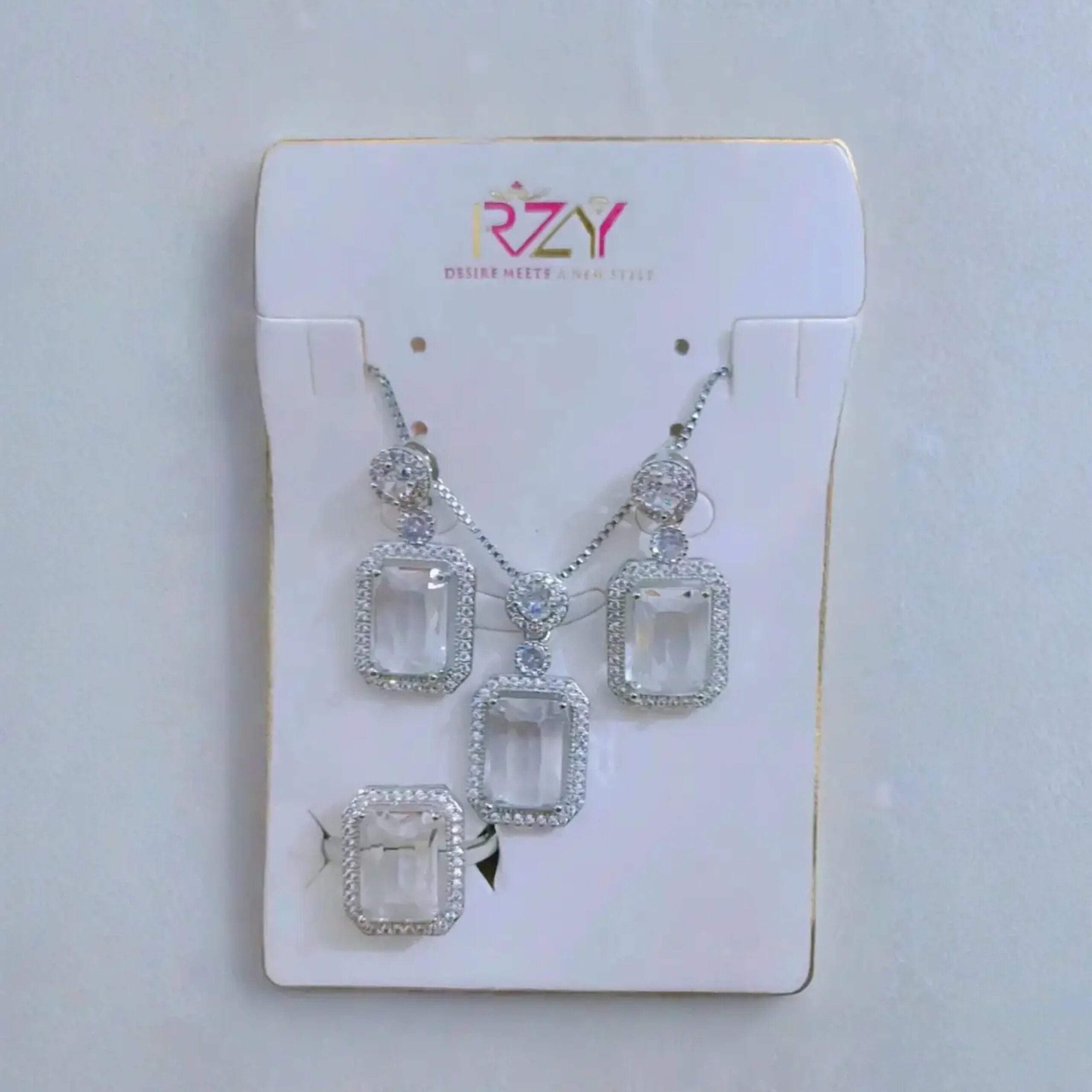Premium Emerald-Cut Zircon Pendant Set | Silver-Tone 3-Piece Luxury Collection