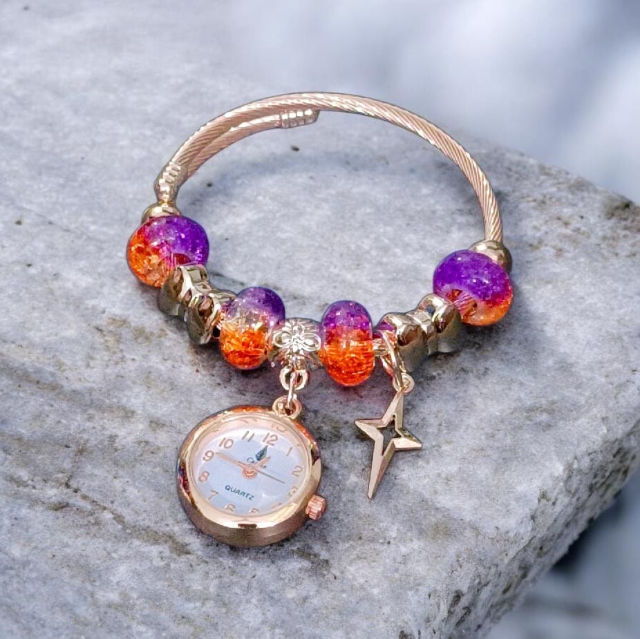 Bracelet Watch with Purple Crystal Beads – Elegant Quartz Charm Jewelry
